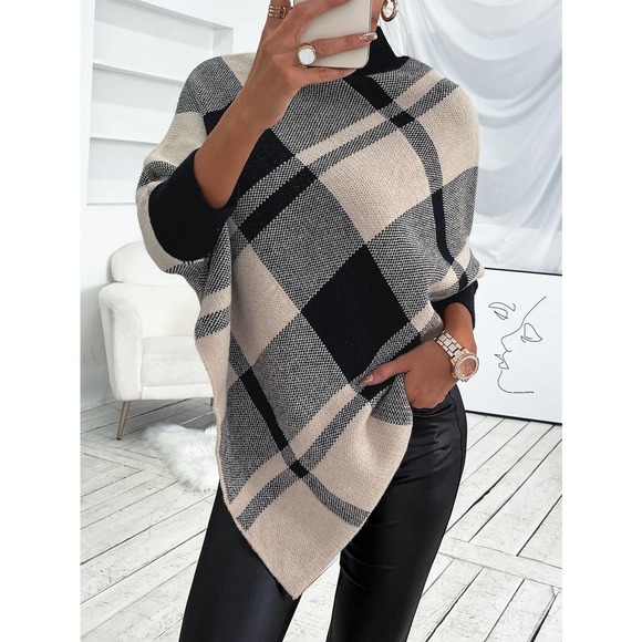 Mock Neck turtleneck Plaid Knit Poncho sweater cardigan black cream preppy boho - Picture 3 of 6